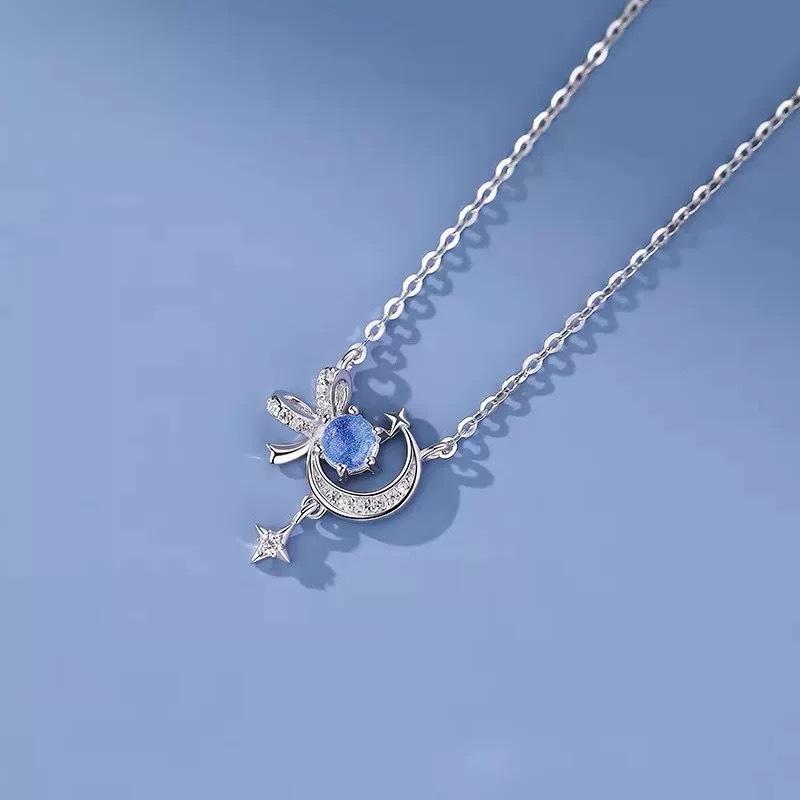 Star Moon Necklace Women'S Glazed Stone Star Moon Fashion High-End Clavicle Chain Bow Ear Jewelry Premium Durable