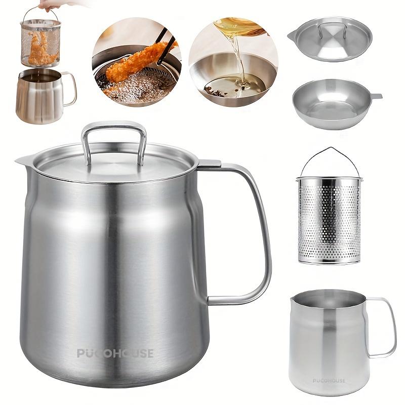 Stainless Steel Oil Filter Pot with Lid Thickened Kitchen Frying Oil Separator Grease Storage Bottle No Drip