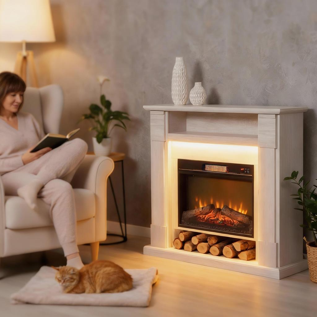 Electric Fireplace 1800W Adjustable with 3D Flame, Shelf, Timer and Remote Control, 105x27x97 cm, Wood color