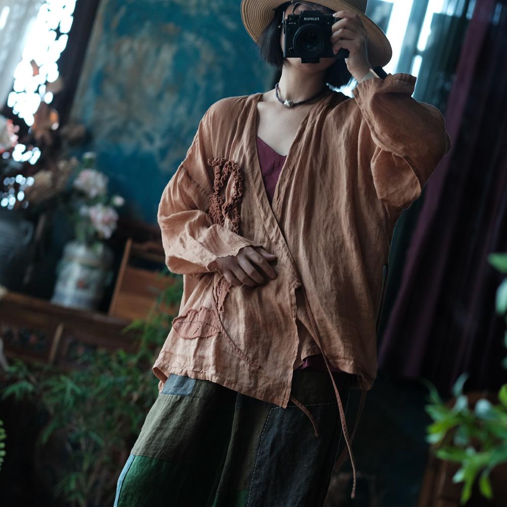 

Johnature Женские винтажные вышитые цветочные рубашки с V-образным вырезом и длинным рукавом в китайском стиле Блузки Топы Весенние рубашки One Size хаки