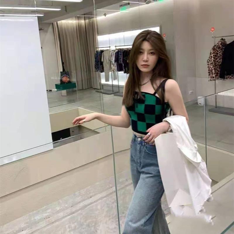 Checkerboard Short Folded Knitted Vest Women's Summer Korean Version of Skinny Tight-fitting Bottom Knitted Halter Top