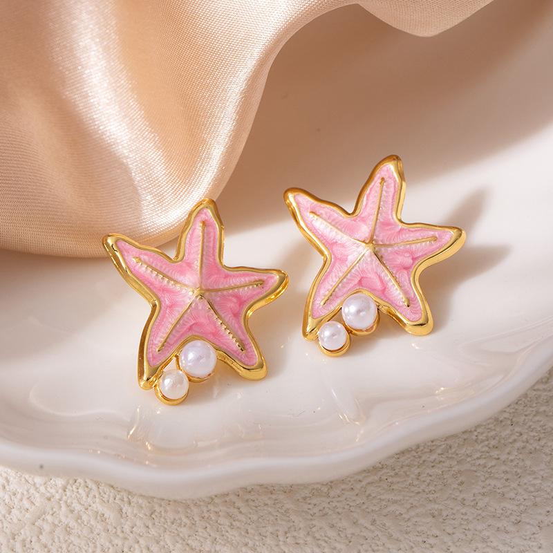 Colorful Drip Oil Starfish Mother-of-Pearl Pearl Stainless Steel Stud Earrings - Women's Non-Fading Light Luxury