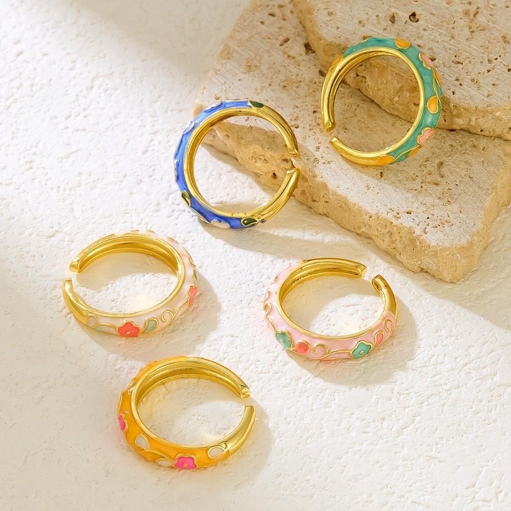 Colorful Flower Open Ring Versatile Drip Glazing Ring Unisex Oil-Drop Enamel Ring  Gift