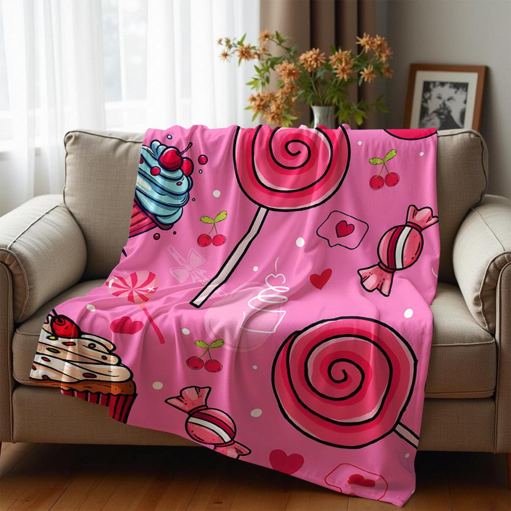 Pink Cupcake Candy Anime Cartoon Flannel Blanket Soft Warm Throw for Bedroom Sofa Car Kids Holiday Gift