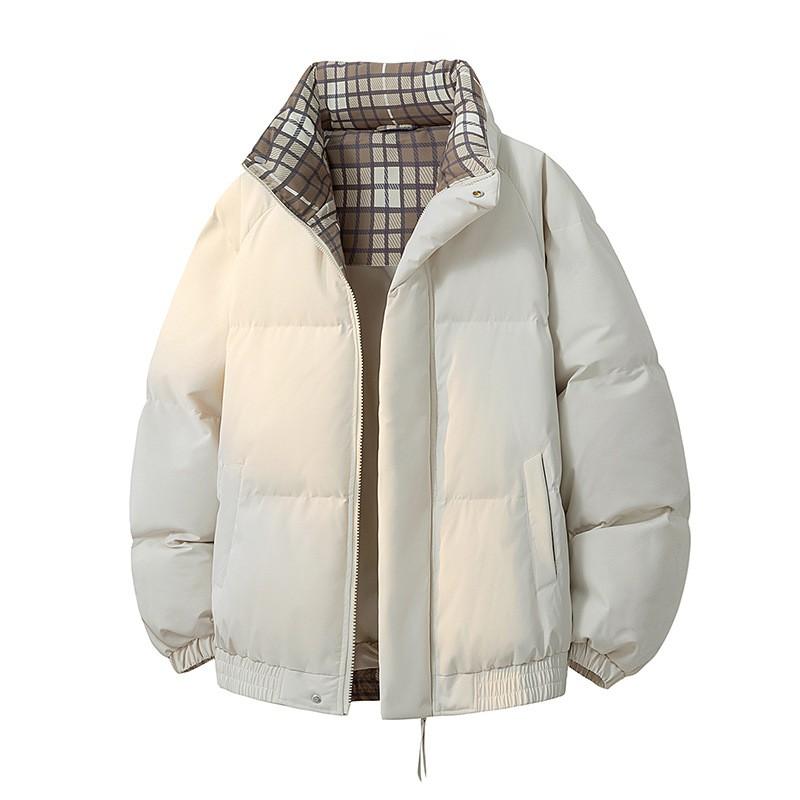 Unisex Winter Puffer Jacket Oversized Cotton Coat Stand Collar Plaid Print Warm Thick Outerwear Teens