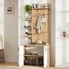 75*33*180cm Hallway Coat Rack with Shoe Storage, Clothes Hooks, 5-Tier Storage Division and Cabinets, Original Wood Color + White