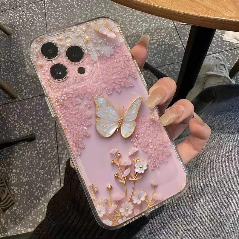 Pink Lace Butterfly Design Clear Phone Case For iPhone 17 16 15 14 Pro Max 13 12 11 XS X XR 7 8 Plus 16e 17 Air Soft TPU Cover