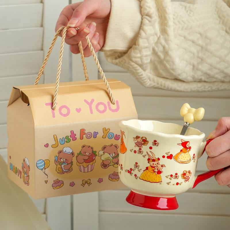 High-Value Wind Ceramic Cup With Spoon, Cute Girl Couple Water Cup Gift Box, High-End Souvenir