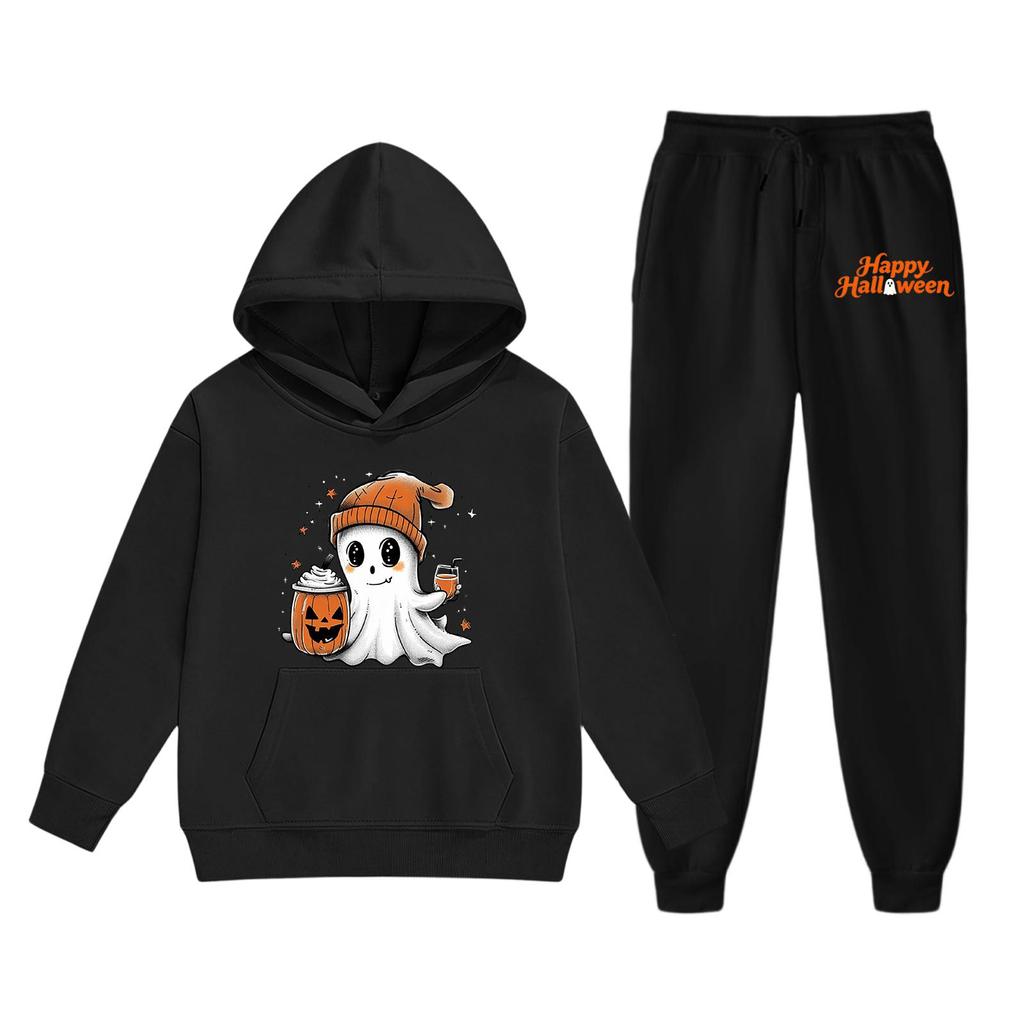 Kids Halloween Hoodie and Pants Set Ghost Print Pullover Sweatshirt with Hooded Top and Elastic Waist Bottoms for Boys and Girls