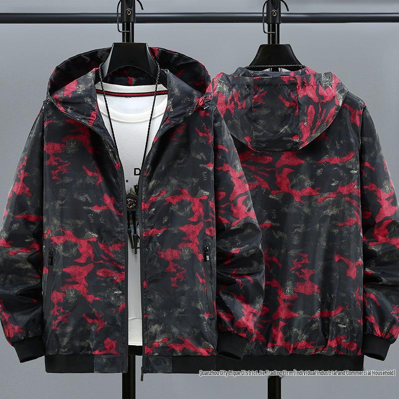 Herren Camouflage Kapuzen-Windbreaker im koreanischen Stil, Lockerer Schnitt, Große Größen, Frühjahrsmode.