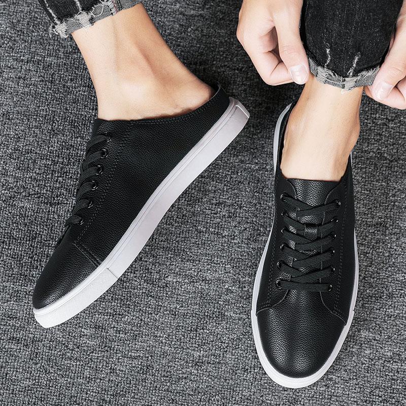 New Summer Mens Casual Leather Shoes Slip on Half Shoes for Man Breathable Flats Personality Man Slippers Handmade Muller Shoes