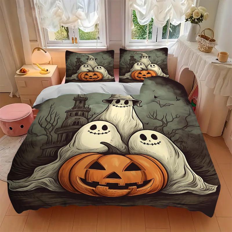 3pcs Ghost With Pumpkin Drawing Print Bedding Set (1 Cover + 2 Pillowcases, Without Inserts), This Printed Bedding Set Is Soft and Comfortab