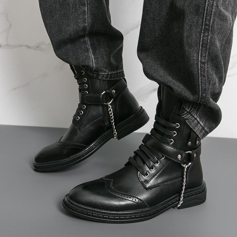 

Высококачественные мужские высокие ботинки в стиле панк с металлическими цепями, мужские мотоботы, роскошные повседневные кожаные ботильоны, Botas Hombre 38 чёрный