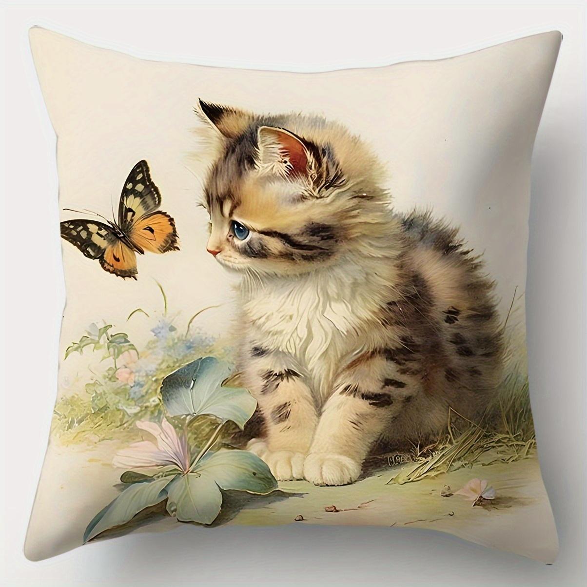 

Home Decor Cute Kittens With Butterflies Floral Pillow Covers Pattern Cushion Cover Suitable For Sofa Bedroom Car Pillow Cover 16x16Inch