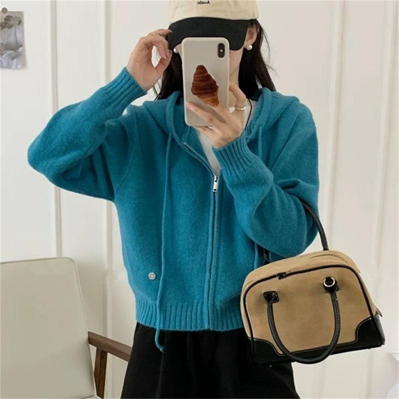 Autumn and winter new lazy wind loose casual thick sweater jacket double zipper hooded knitted cardigan women