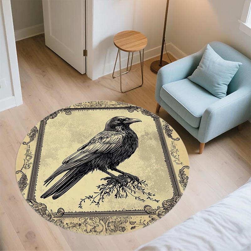 Vintage Border Crow,Round Area Rug,Carpet Rug for Living Room Bedroom Sofa Playroom Decor,Non-slip Floor Mat
