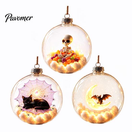 Black Cat Spider Web Decor Halloween Ball Ornament, Clear Sphere Decoration with Bat Indoor Home Holiday Accents Skeleton, Festive Hanging Bauble for