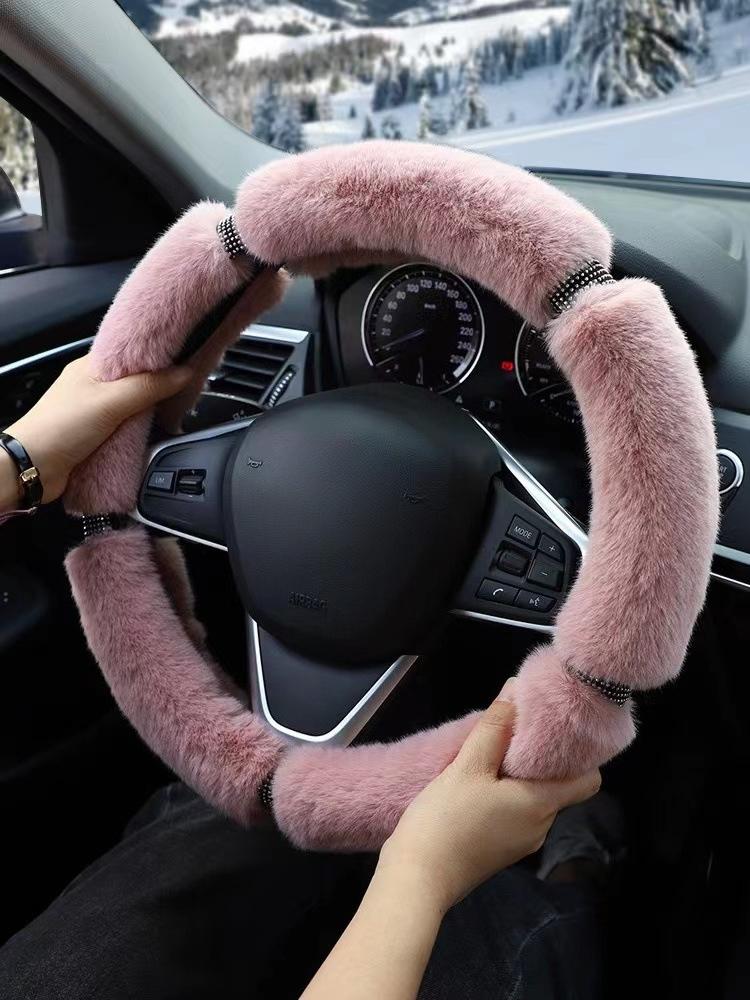 38cm Imitation Mink Fur Car Steering Wheel Cover Warm Plush with Rhinestones Elastic Handle Warmth Luxury Steering Covers