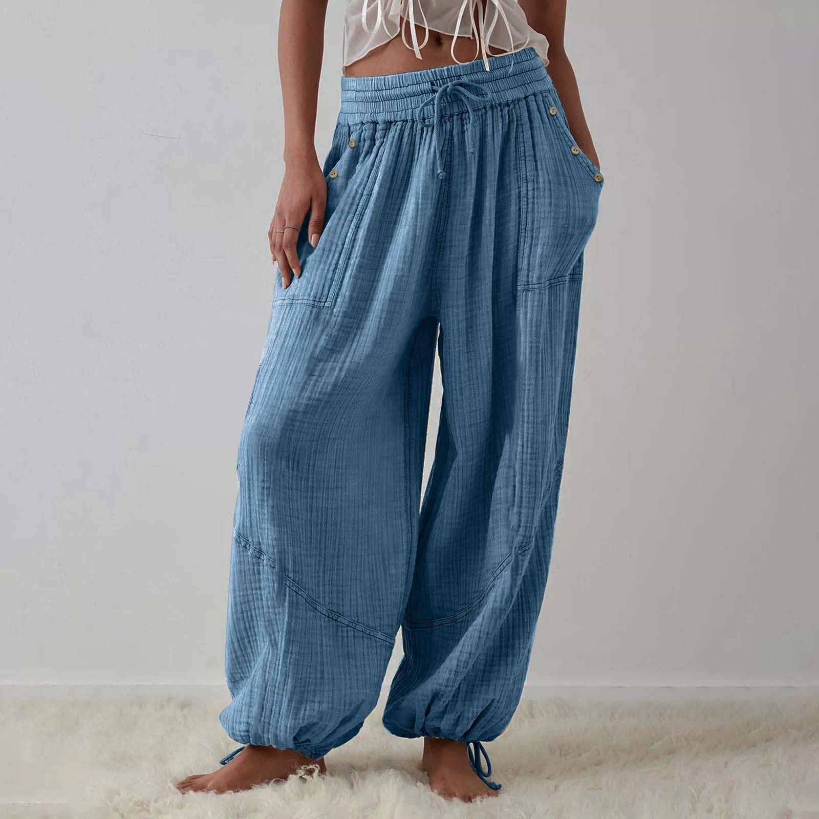 Women s Fashion Loose Color Drawstring Elastic Waist Pocket Casual Pants XXXL синий