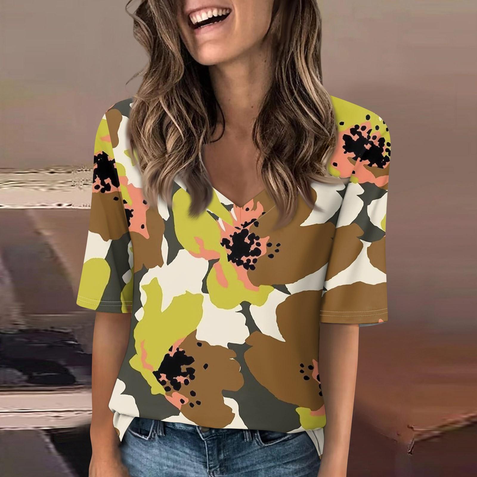 

Женская повседневная футболка с короткими рукавами и v-образным вырезом с принтом и четвертьрукавами, топ XL жёлтый