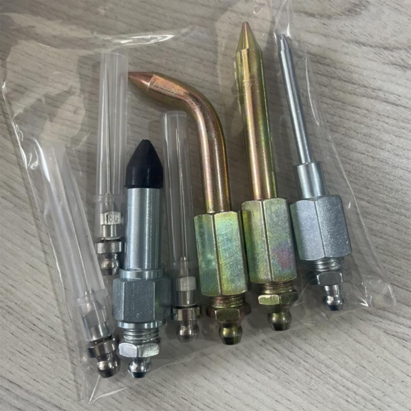 7PCS Grease Gun Coupler Kit with 3 Grease Nipples Needle Dispenser Rubber Tip Connector Nipple Straight Nozzle Coupler