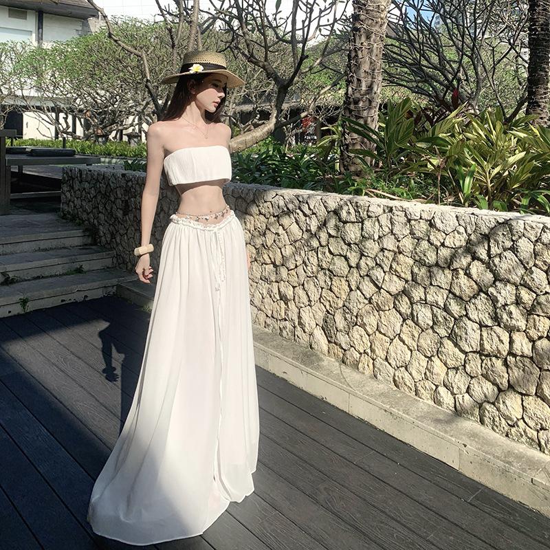 White Tube Top Skirt Set Female Hottie Low Waist Long Dress Vacation Two-piece Dress