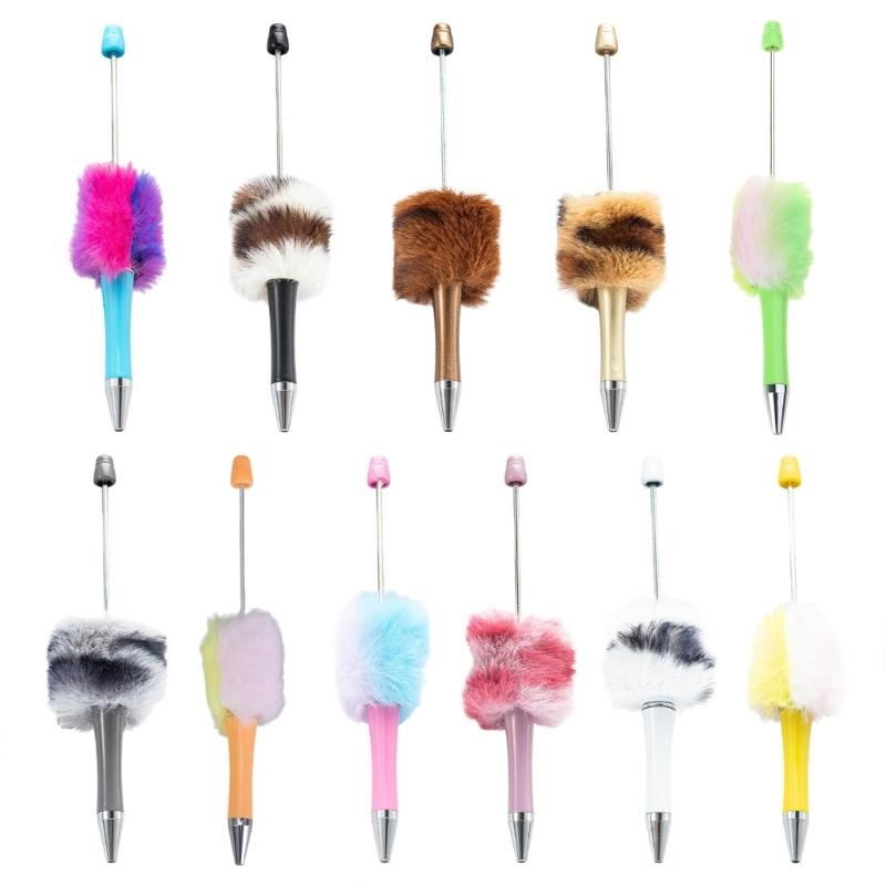 6Pcs Beadable Ballpoint Pen Plush Ball Ballpoint Pen Write Smoothly Novelty Writing Pen for Student Kid Game Reward