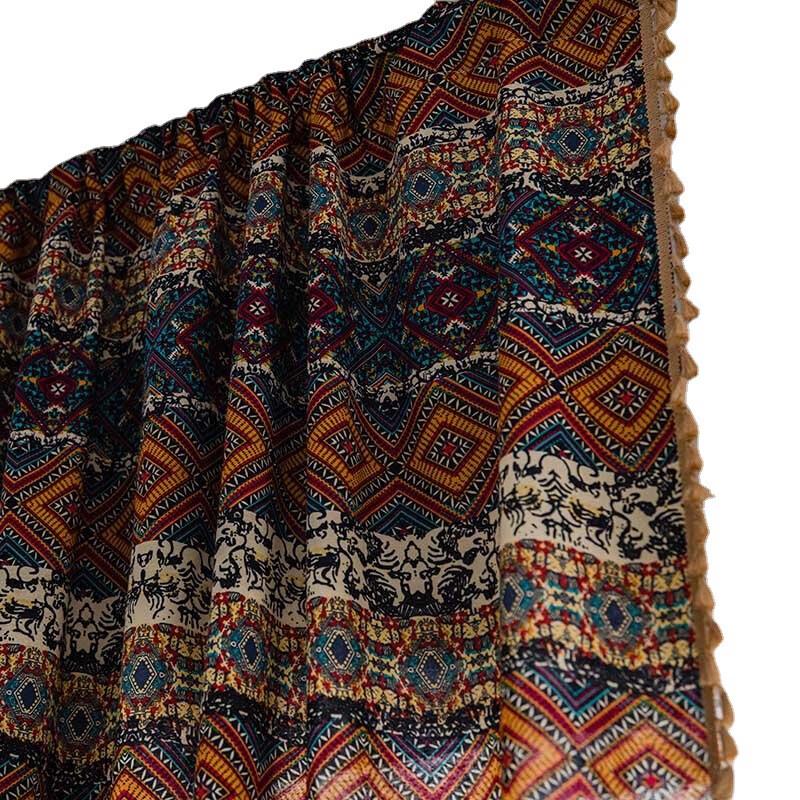 Ethnic Style Yellow Square Print Semi-Blackout Curtain