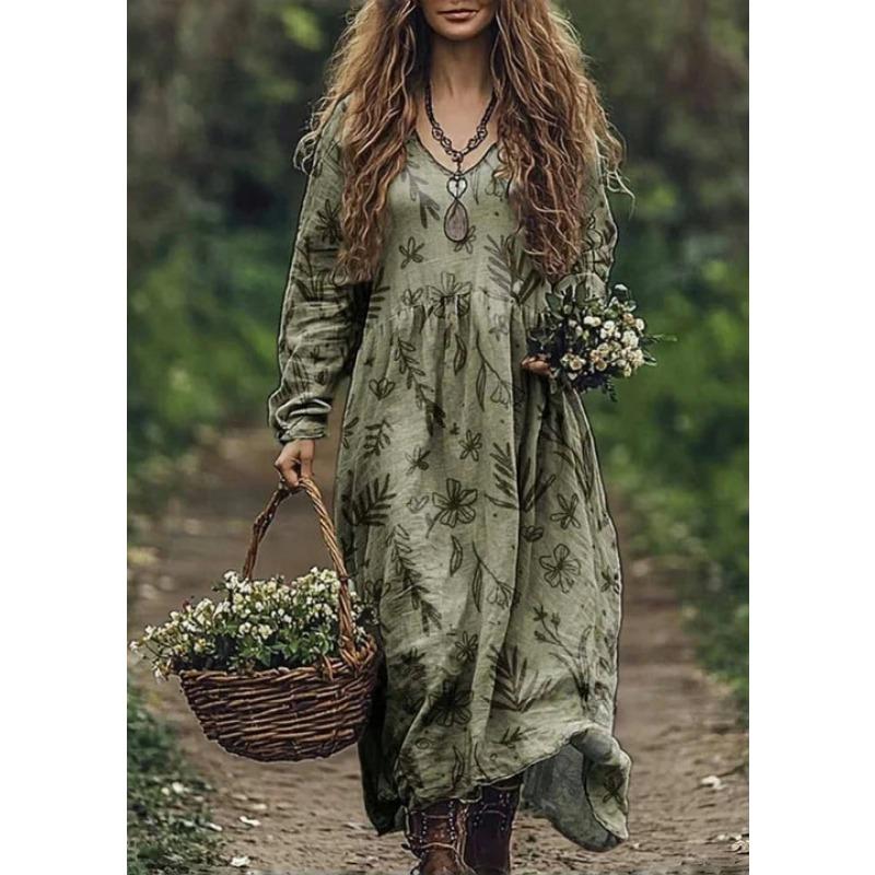 

DAFIFY Женская мода Весна Осень Цветочный принт Длинный рукав V-образный вырез Свободная талия Повседневные платья XL
