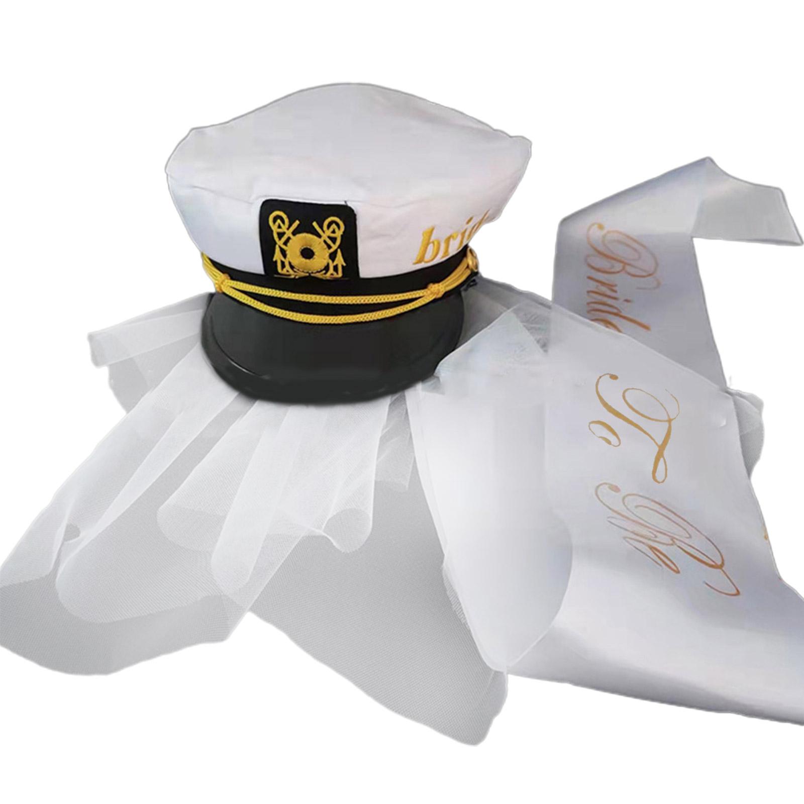 Bride Captain Hat with Veil and Shoulder Strap Summer Beach Hat Captain Hat with Long Veil Navy Fancy Dress Accessory 1
