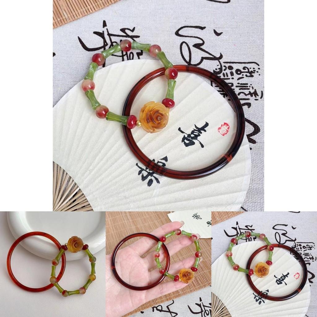 Exquisite Handcrafted Rose Beaded Bamboo Bracelet For Women Vintage Artistic Resin Bangle