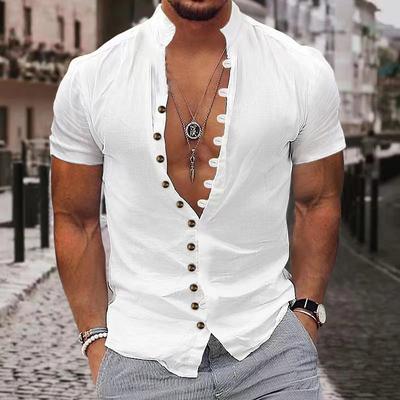 Summer Cotton Men's Solid Beach Casual Shirts Retro Stand Collar Buttons Up Short Sleeve Shirt White Black