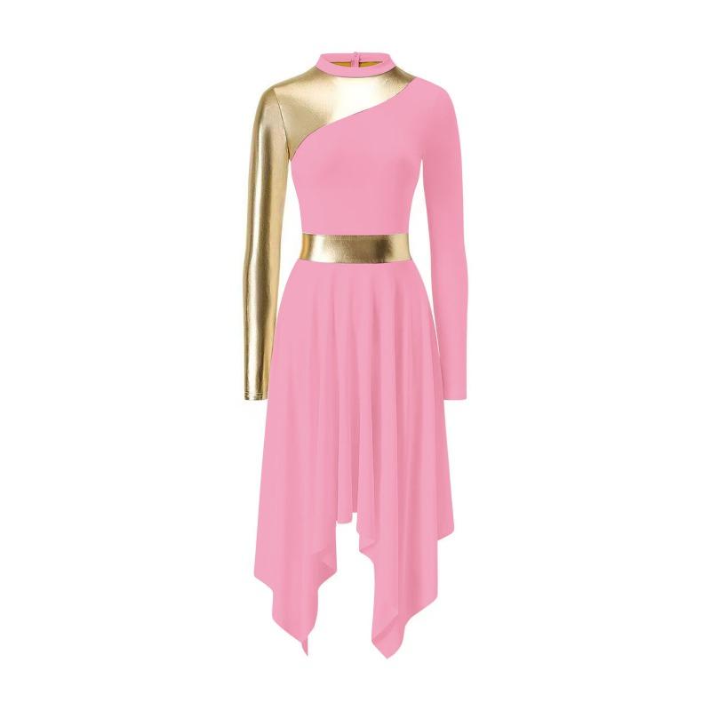 

Popular women s dance performance clothing contrasting patchwork dress long sleeve asymmetrical hem dance dress XXL рожевий