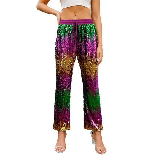 Women Pants Elastic Waist Adjustable Drawstring Straight Wide Leg Trousers Shiny Sequins Pants Vacation Work Daily Wear