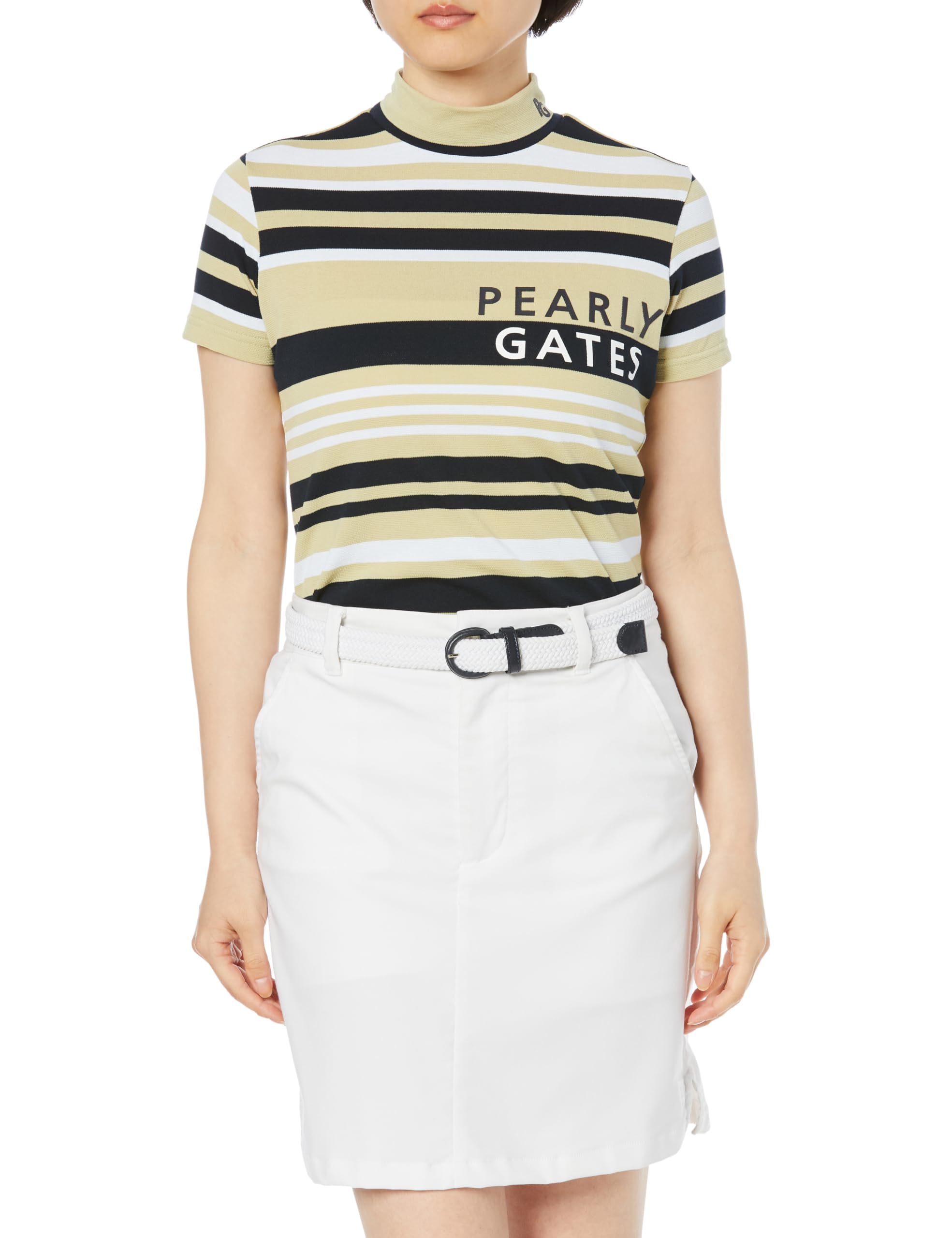 

shirt and Golf innerwear champagne x white 0 [PEARLY GATES] Women s short-sleeved high-neck (multi-border pattern, moisture-wicking quick-drying) / /