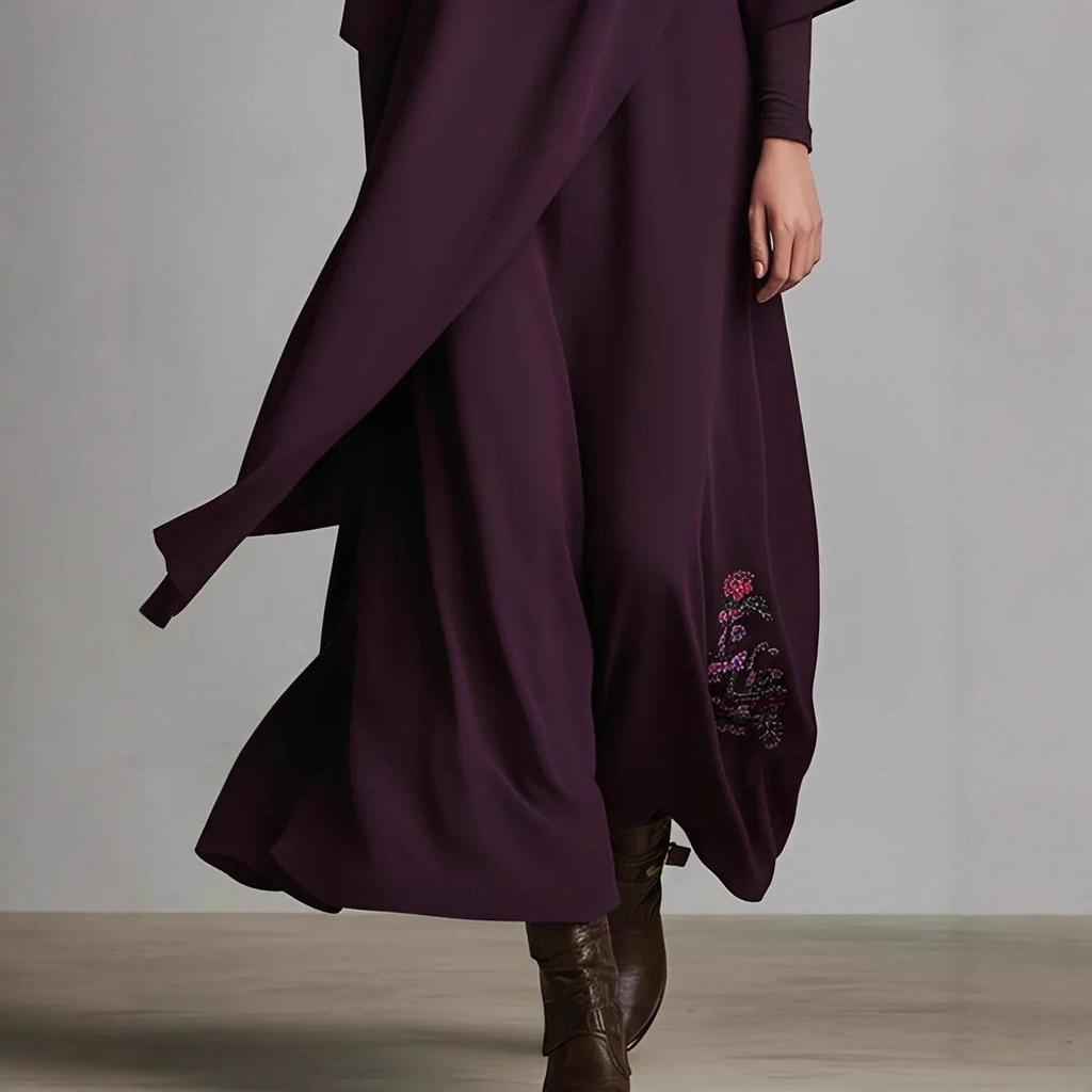 Vestido de Otoño de Color Sólido Bordado Suelto de Manga Larga para Mujer Europeo-Americano 2025