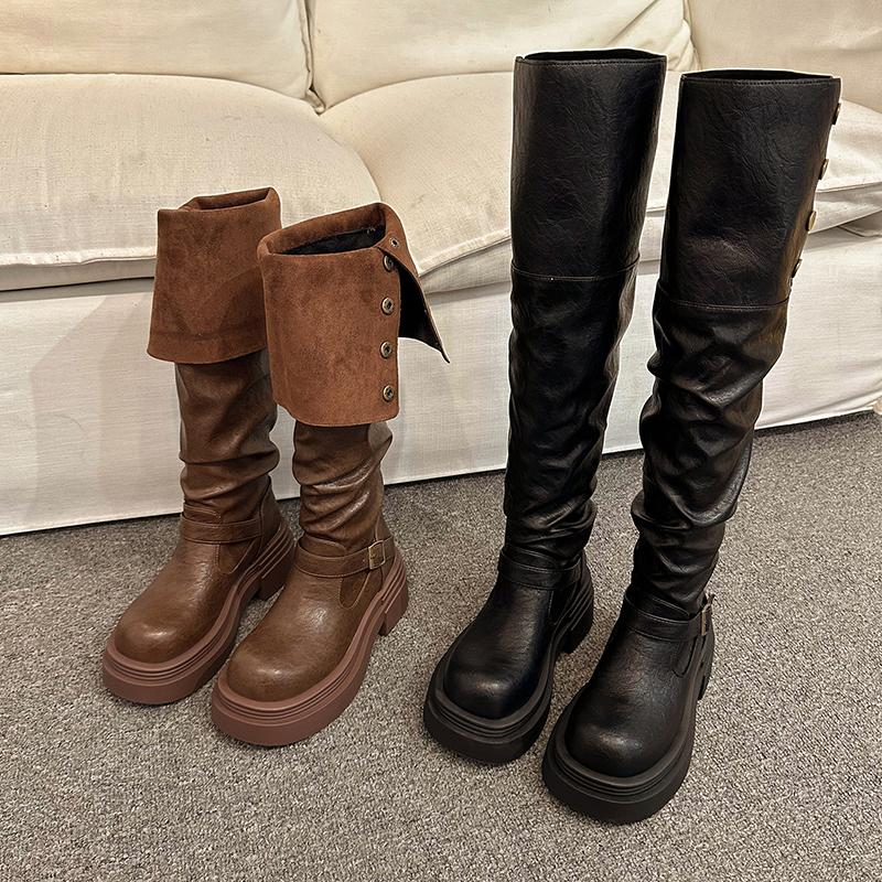 Fashion Women's Winter Studded Knee-high Boots Square Heel Round Head Middle Follow High Boots Sleeve Outdoor Leisure Fashion Shoes 2024
