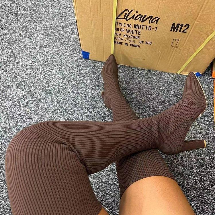 Women's Knit Pointed-Toe Chunky Heel Over-the-Knee Elastic Wool Boots
