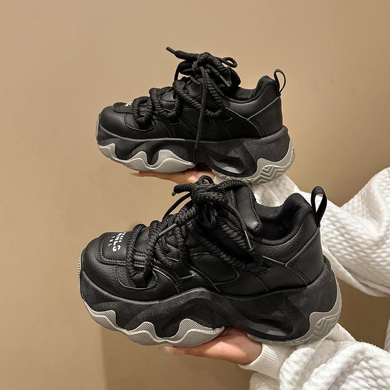 Black Women Chunky Leather Sneakers High Platform Ulzzang Sports Shoes New 2025 Spring Thick Bottom Women's Wedge Casual Shoes