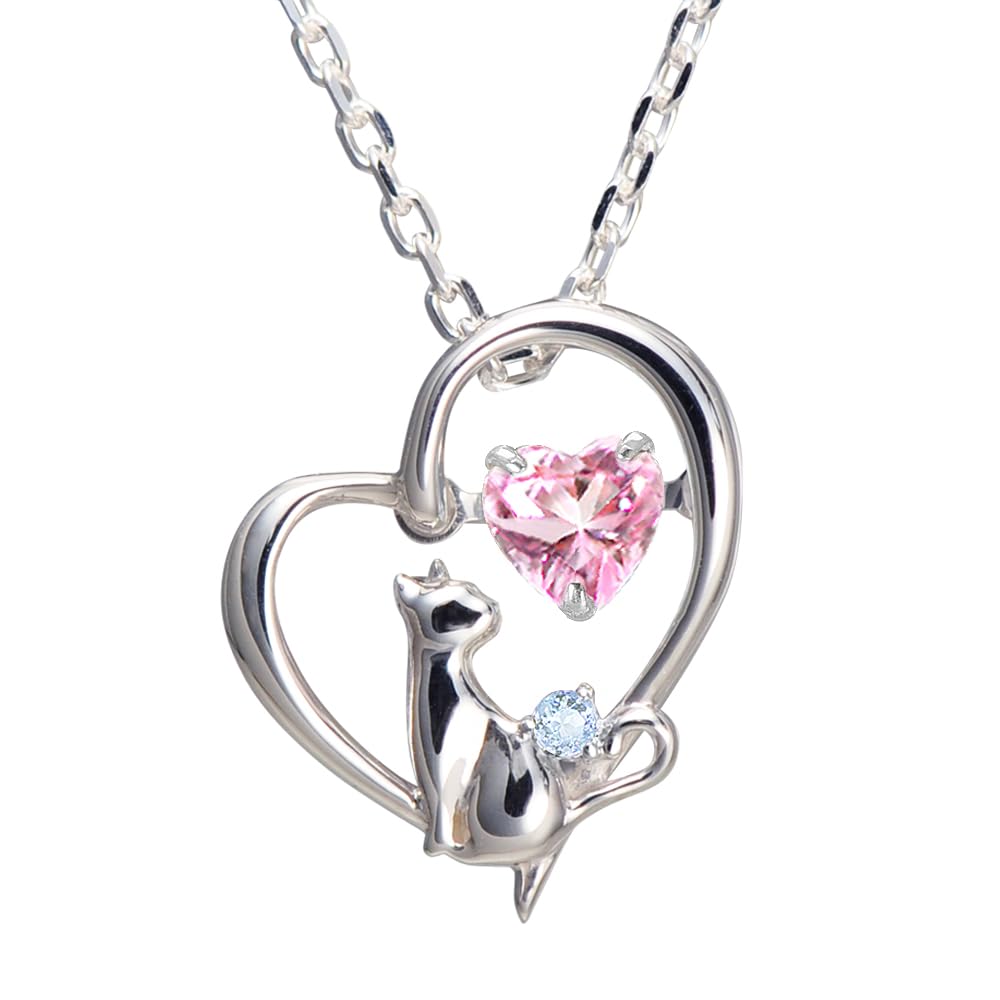 

Necklace for Dancing Choice of Birthstone Pink March Aquamarine [Mirai Tenshi] Women, Heart, Cat, Stone, Silver, [Baby Color]