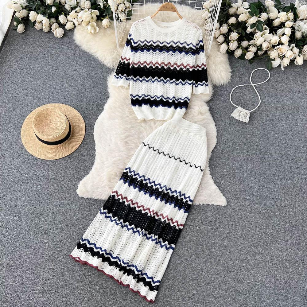 Women's Autumn Two-Piece Suit Short-Sleeved Knitted Sweater Top High-Waisted Slim Bag Hips Long Skirt