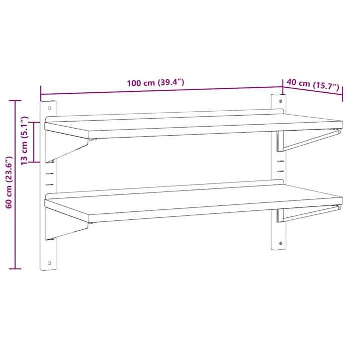 VidaXL 2-Tier Wall Shelf 100x40x60cm Silver Stainless Steel, Floating Shelf, Wall Display Shelf, 30309