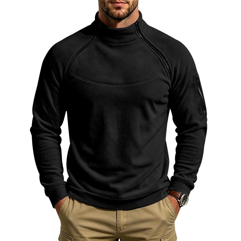 Men Fleece Casual Sweatshirt Half High Collar Long Sleeve Pullover Tops Arm Zipper Pocket Trend Loose Warm Outdoor Sport Men's Hoodie