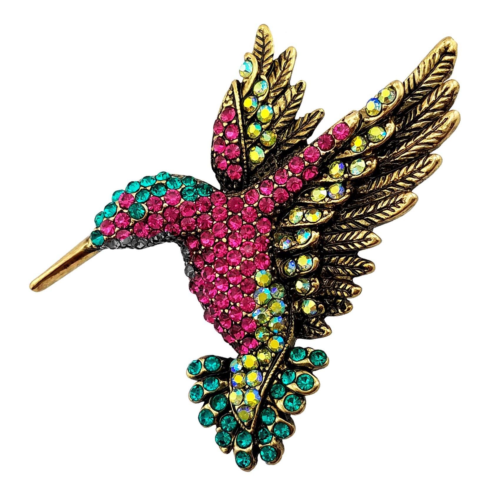 

SELOVO Antique Gold Tone Bird Hummingbird Multi Color Austrian Crystal Pin Brooch