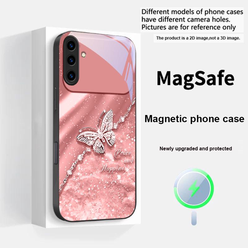 

An elegant blue butterfly For Samsung S25 S25 Edge S25Ultra S8 9 10 20 S21 Pro 22 Plus S23 FE S24 Ultra Magsafe Glass Phone Case Galaxy S23+