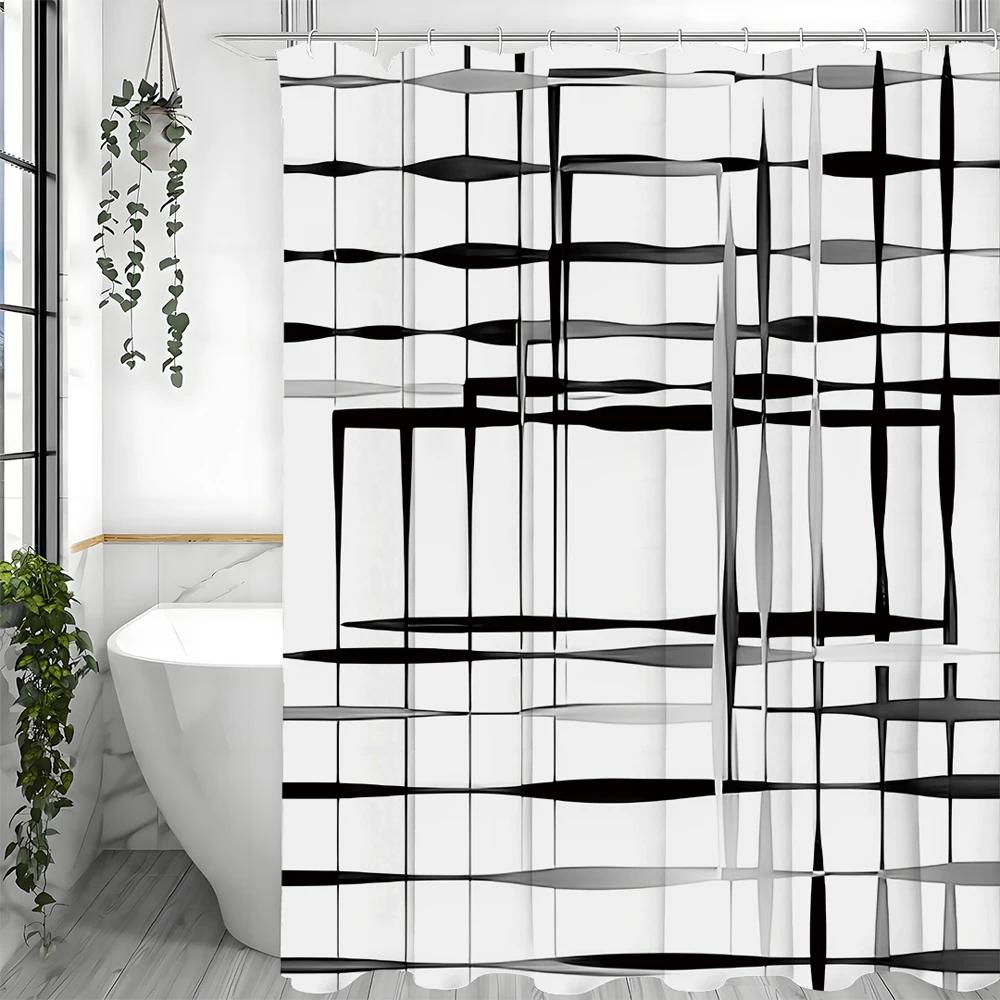Modern Geometric Line Abstract Minimalist Shower Curtain, Bathroom Decorative Shower Curtain, Waterproof Shower Curtain with Hoo