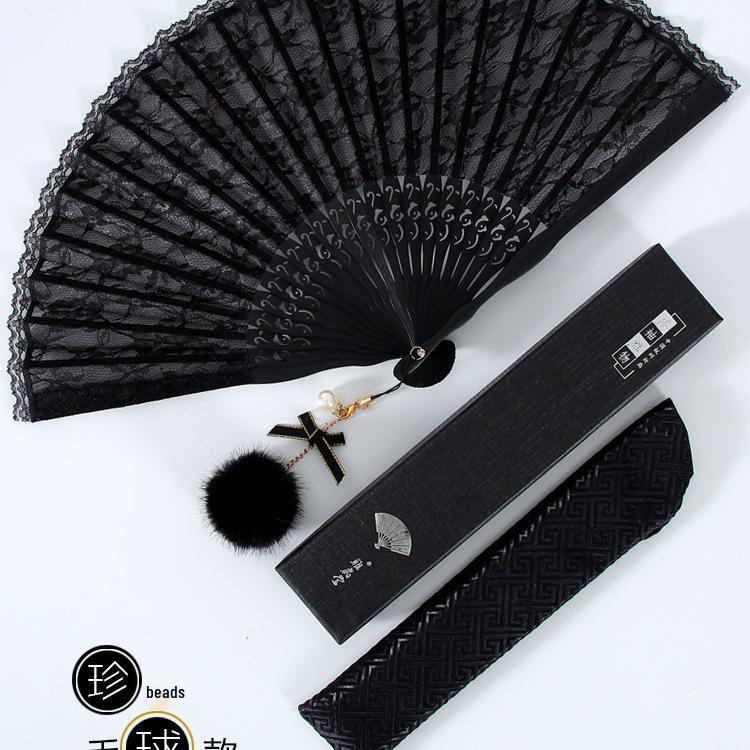 Classic Black Lace Cheongsam Folding Fan - Portable Chinese Style Summer Dance Fan for Ladies