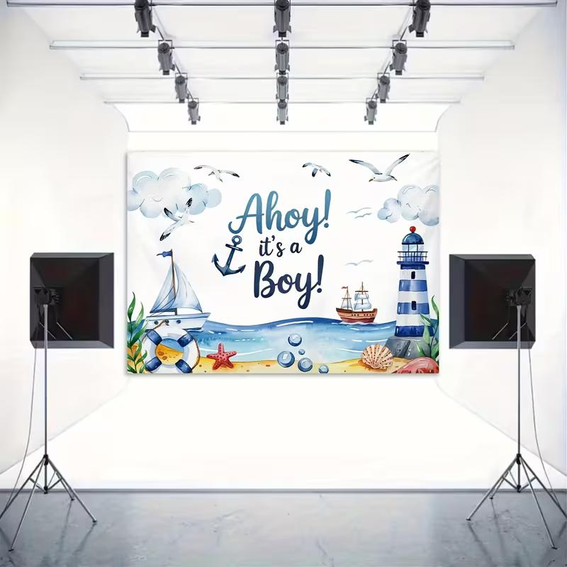 2D Coastal Ocean Ahoy It's a Boy Backdrop for Nautical Themed Baby Shower Decor