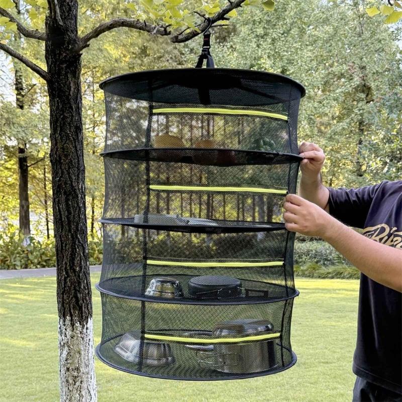 Foldable Ventilated Mesh Organiser With Hanging Hook Rustproof Nylon Designs Rack For Camping Home Storage Solution