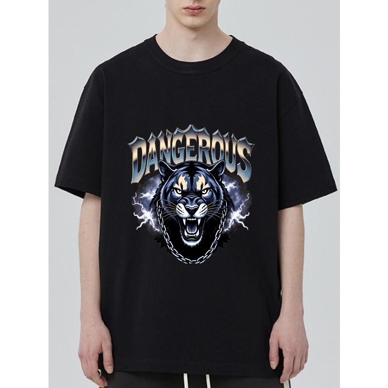 Schwarzes T-Shirt Mit Panther Und Gefährlicher Textgrafik Für Freizeitkleidung